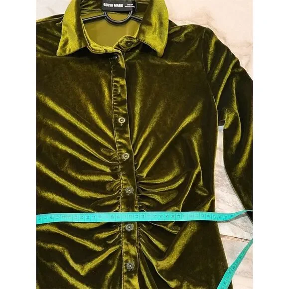 Blush Mark Women's Green Velvet Button-Up Mini Dress Size M - Picture 8 of 8